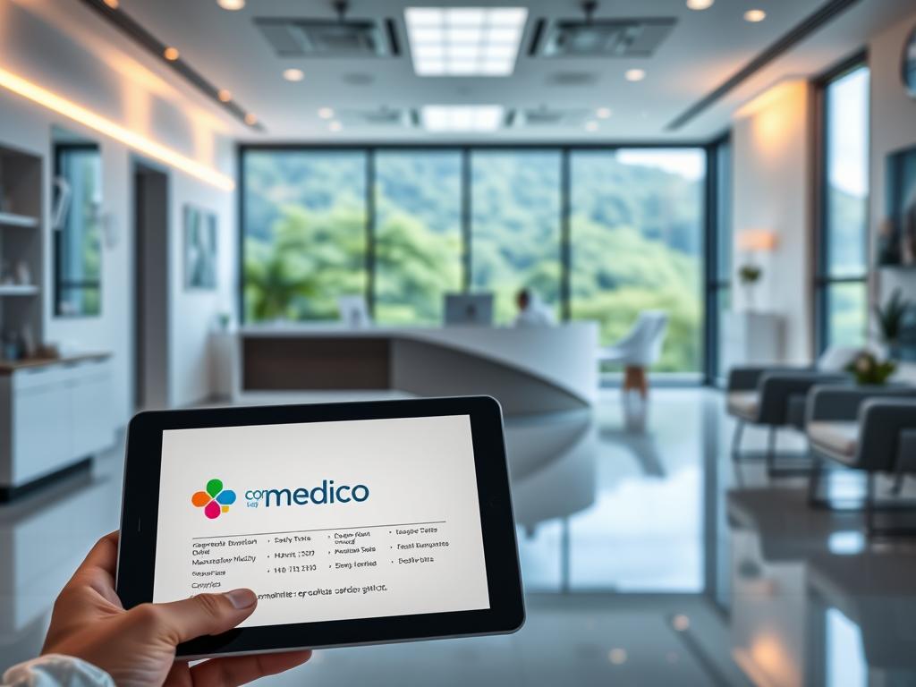 A modern, clean and professional-looking image of the "Convenios medico" healthcare plan. The scene depicts a well-designed doctor's office or clinic interior, with sleek furniture, warm lighting, and a calming color palette of whites, greys and blues. In the foreground, a tablet or mobile device displays the "Convenios medico" logo and plan details, showcasing its comprehensive coverage and services. The middle ground features a receptionist desk and waiting area, while the background has large windows overlooking a lush, verdant landscape, conveying a sense of tranquility and wellness. The overall atmosphere is one of trust, quality and attention to detail, reflecting the value and importance of the "Convenios medico" healthcare plan. A modern, clean and professional-looking image of the "Convenios medico" healthcare plan. The scene depicts a well-designed doctor's office or clinic interior, with sleek furniture, warm lighting, and a calming color palette of whites, greys and blues. In the foreground, a tablet or mobile device displays the "Convenios medico" logo and plan details, showcasing its comprehensive coverage and services. The middle ground features a receptionist desk and waiting area, while the background has large windows overlooking a lush, verdant landscape, conveying a sense of tranquility and wellness. The overall atmosphere is one of trust, quality and attention to detail, reflecting the value and importance of the "Convenios medico" healthcare plan.