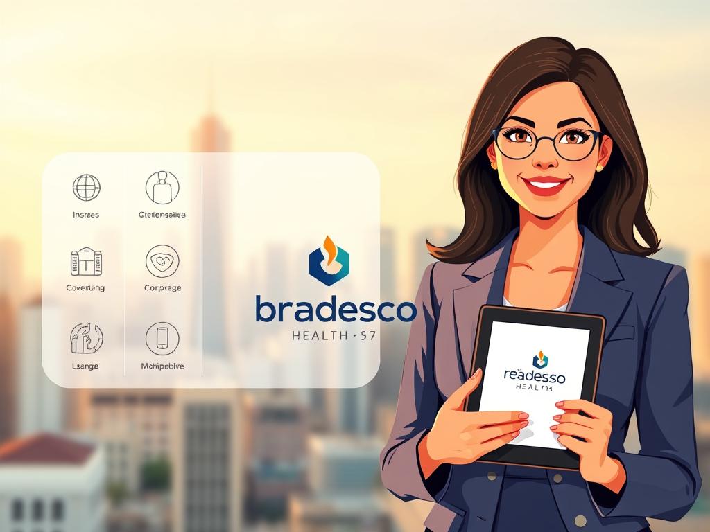 A vibrant and modern illustration showcasing the "reembolso bradesco saúde" feature of the Bradesco Health insurance plan. In the foreground, a professional-looking woman in business attire stands confidently, holding a tablet displaying the "Convenios medico" brand logo. She is surrounded by a clean, minimalist design featuring icons and infographic elements related to healthcare coverage and reimbursement. The middle ground features a sleek, stylized graphic depicting the Bradesco Health logo, conveying a sense of trustworthiness and reliability. In the background, a blurred cityscape provides a sophisticated, urban setting, emphasizing the modern and comprehensive nature of the Bradesco Health plan. The overall composition is illuminated by warm, natural lighting, creating a welcoming and professional atmosphere.