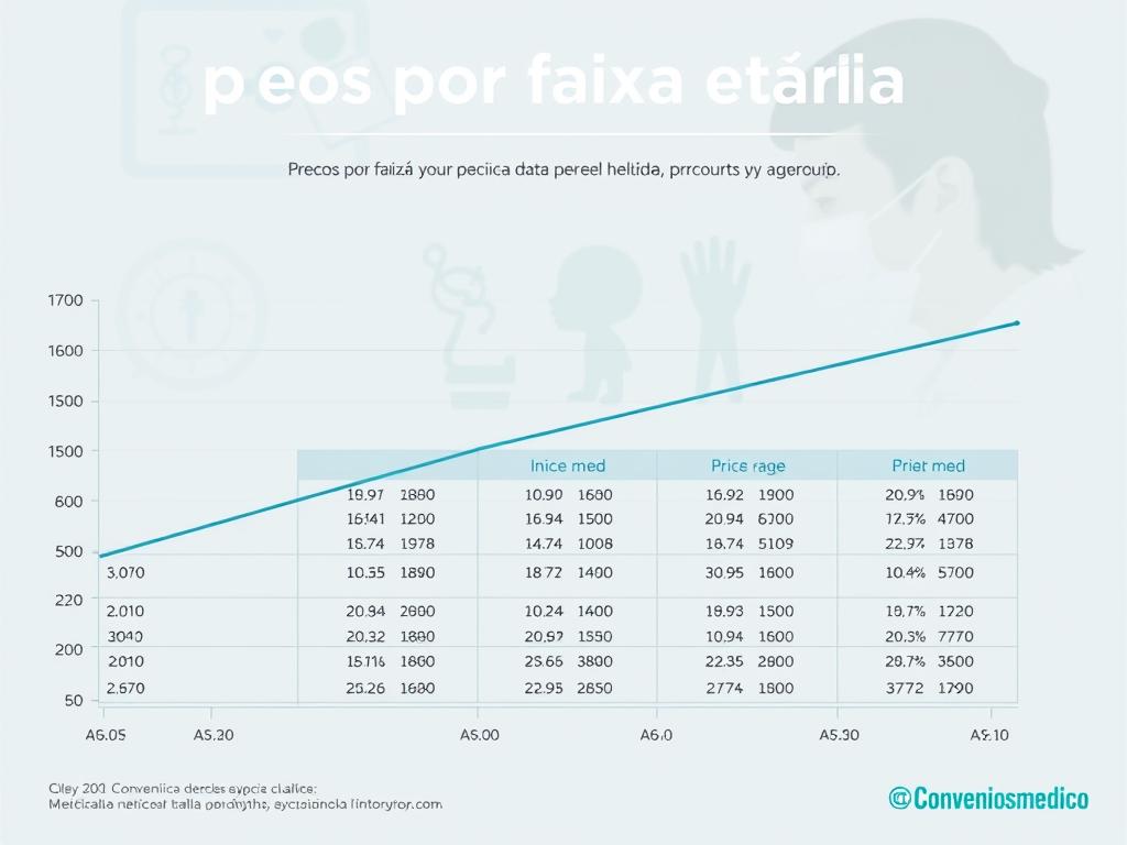 Detailed infographic displaying "preços por faixa etária" (Prices by Age Group) for the "Convenios medico" medical plan. A clean, minimal design with clear data visualizations. The foreground showcases a line graph illustrating the price variations across different age ranges, using a cool, muted color palette. The middle ground features neat, organized tables breaking down the specific pricing for each age group. The background has a subtle, blurred healthcare-related motif, such as medical icons or silhouettes, to reinforce the context. Bright, even lighting creates a professional, authoritative atmosphere, captured by a wide-angle lens to display the full infographic layout. Detailed infographic displaying "preços por faixa etária" (Prices by Age Group) for the "Convenios medico" medical plan. A clean, minimal design with clear data visualizations. The foreground showcases a line graph illustrating the price variations across different age ranges, using a cool, muted color palette. The middle ground features neat, organized tables breaking down the specific pricing for each age group. The background has a subtle, blurred healthcare-related motif, such as medical icons or silhouettes, to reinforce the context. Bright, even lighting creates a professional, authoritative atmosphere, captured by a wide-angle lens to display the full infographic layout.