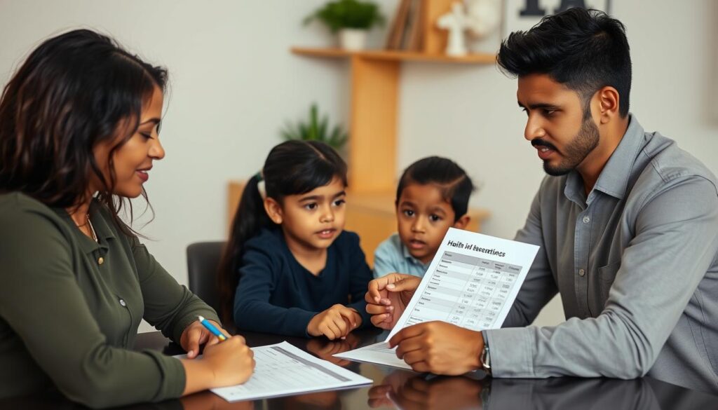 Família conversando com um consultor sobre opções de planos de saúde