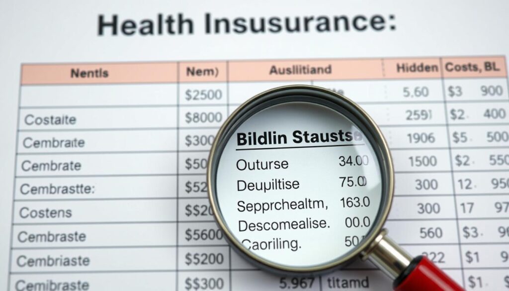 Lupa destacando custos ocultos em uma tabela de preços de plano de saúde