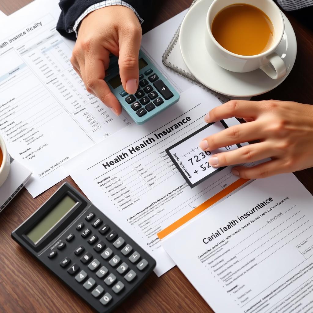 Pessoa analisando documentos de planos de saúde com uma calculadora