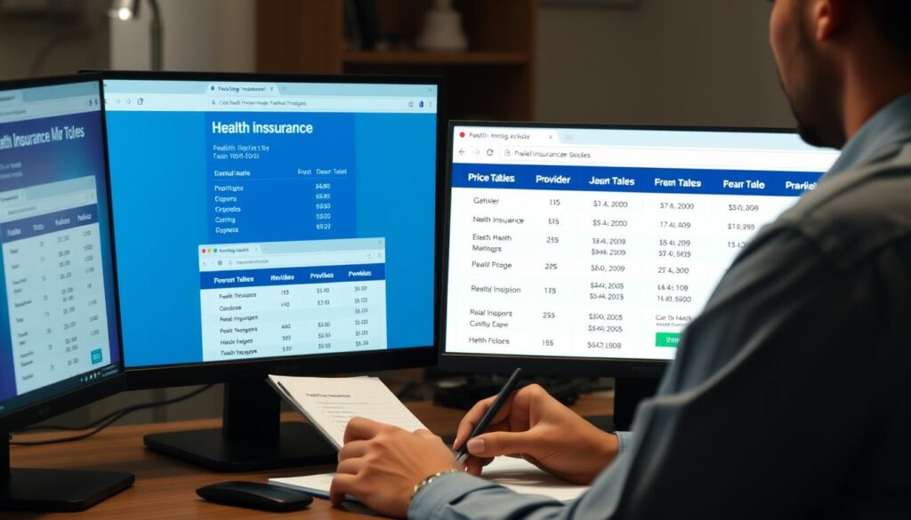 Pessoa comparando tabelas de preços de planos de saúde em um computador
