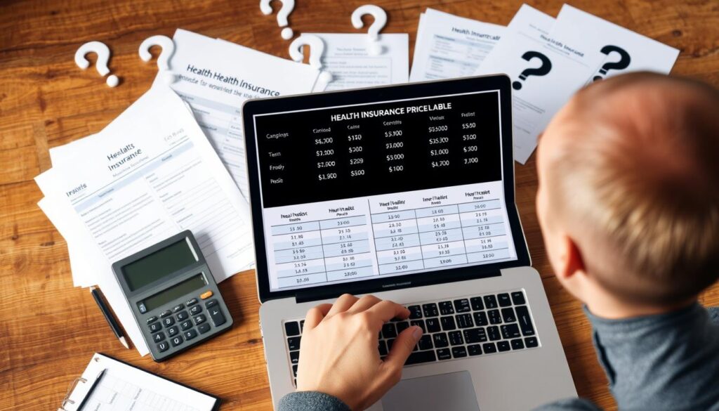 Pessoa consultando dúvidas sobre tabelas de preços de planos de saúde