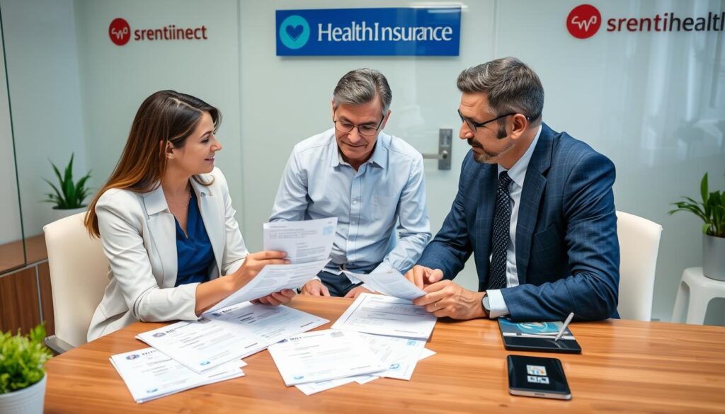 Corretor de planos de saúde apresentando opções de cotação de convênio médico Corretor de planos de saúde apresentando opções de cotação de convênio médico