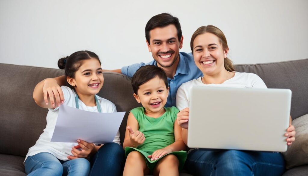 Família feliz após escolher o plano de saúde ideal através de cotação de convênio médico Família feliz após escolher o plano de saúde ideal através de cotação de convênio médico