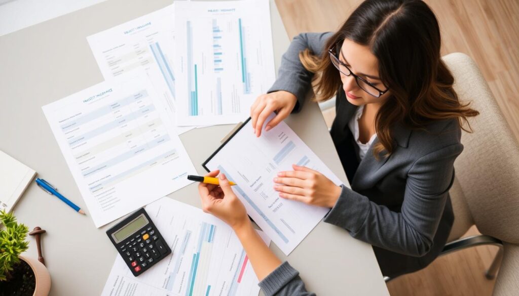 Pessoa comparando diferentes cotações de convênio médico em uma mesa Pessoa comparando diferentes cotações de convênio médico em uma mesa