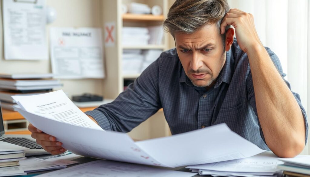 Pessoa frustrada analisando documentos de cotação de convênio médico Pessoa frustrada analisando documentos de cotação de convênio médico