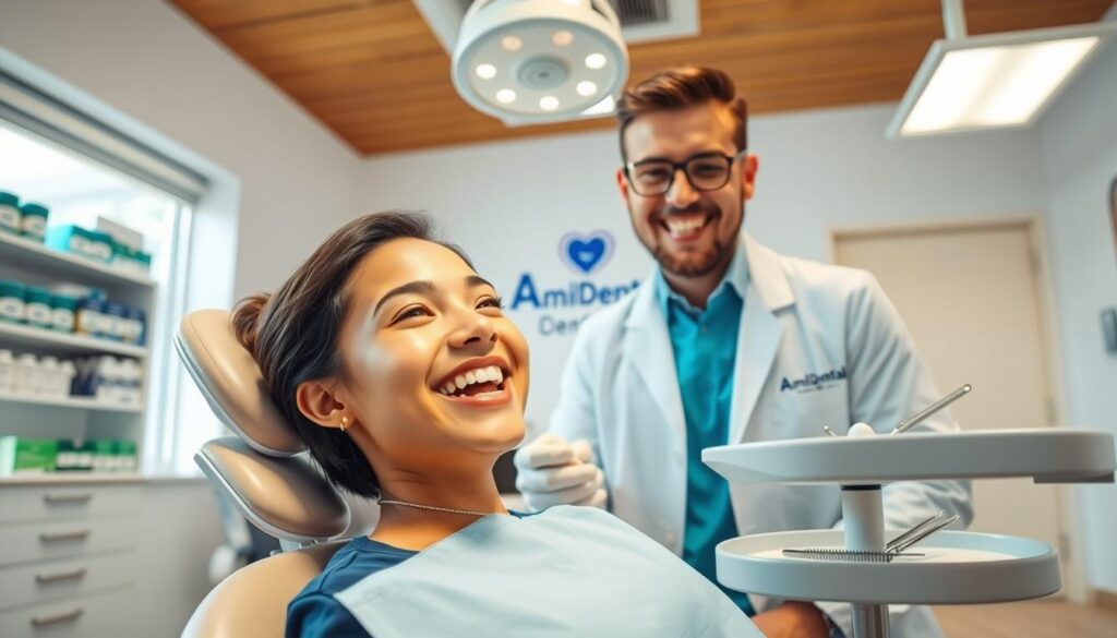 A clean, well-lit dental clinic interior, with bright overhead lighting and large windows. In the foreground, a smiling patient in a dental chair, their teeth being examined by a friendly Amil Dental dentist wearing scrubs and a white coat. On a side table, medical instruments and a tray of dental tools. In the background, shelves of dental supplies and an Amil Dental logo prominently displayed on the wall. The atmosphere conveys a sense of professionalism, cleanliness, and patient-centered care.