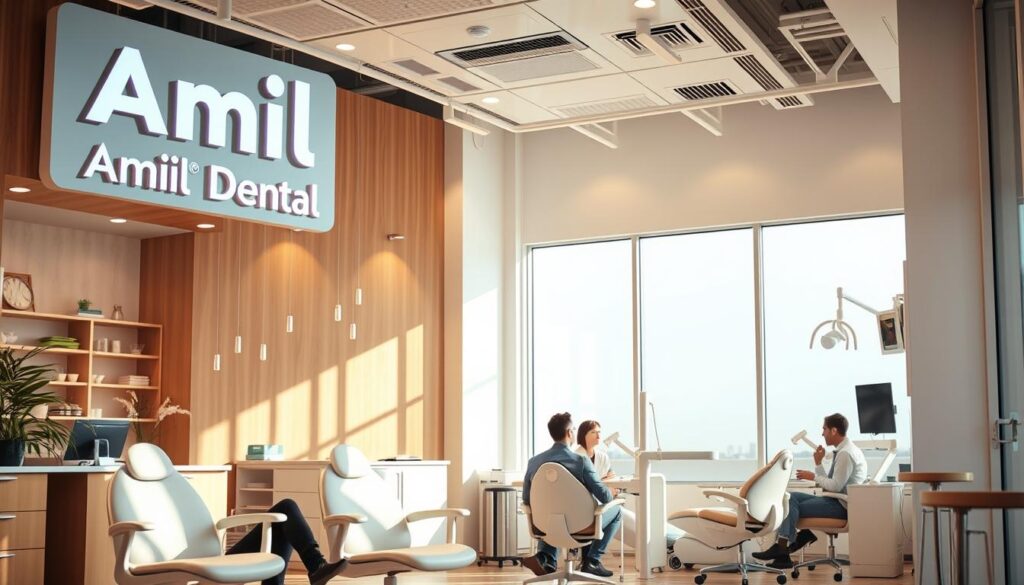 A cozy, modern dental clinic interior with bright natural lighting. Prominent signage featuring the Amil Dental brand and logo. Stylish, ergonomic chairs and equipment in the foreground, creating a welcoming atmosphere. Patients seated comfortably, speaking with attentive dental professionals. Soothing, pastel color palette reflecting the clinic's state-of-the-art, high-quality services. Clean, well-organized layout with warm, inviting decor. The scene conveys efficiency, professionalism and a focus on patient comfort and care. A cozy, modern dental clinic interior with bright natural lighting. Prominent signage featuring the Amil Dental brand and logo. Stylish, ergonomic chairs and equipment in the foreground, creating a welcoming atmosphere. Patients seated comfortably, speaking with attentive dental professionals. Soothing, pastel color palette reflecting the clinic's state-of-the-art, high-quality services. Clean, well-organized layout with warm, inviting decor. The scene conveys efficiency, professionalism and a focus on patient comfort and care.
