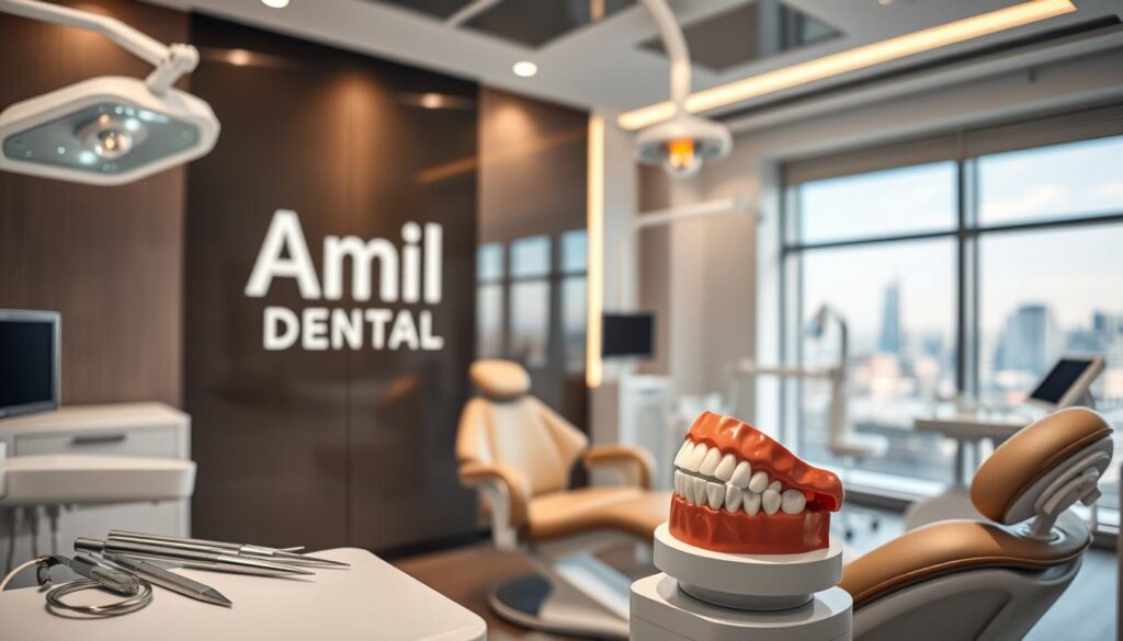 A modern, sleek dental clinic interior with plush chairs, state-of-the-art equipment, and soothing lighting. The "Amil Dental" logo prominently displayed on the wall. In the foreground, dental tools and a patient's mouth model, representing the comprehensive coverage and services. In the background, a blurred cityscape visible through large windows, conveying a sense of professionalism and trust. The overall mood is one of reassurance, comfort, and high-quality dental care. A modern, sleek dental clinic interior with plush chairs, state-of-the-art equipment, and soothing lighting. The "Amil Dental" logo prominently displayed on the wall. In the foreground, dental tools and a patient's mouth model, representing the comprehensive coverage and services. In the background, a blurred cityscape visible through large windows, conveying a sense of professionalism and trust. The overall mood is one of reassurance, comfort, and high-quality dental care.