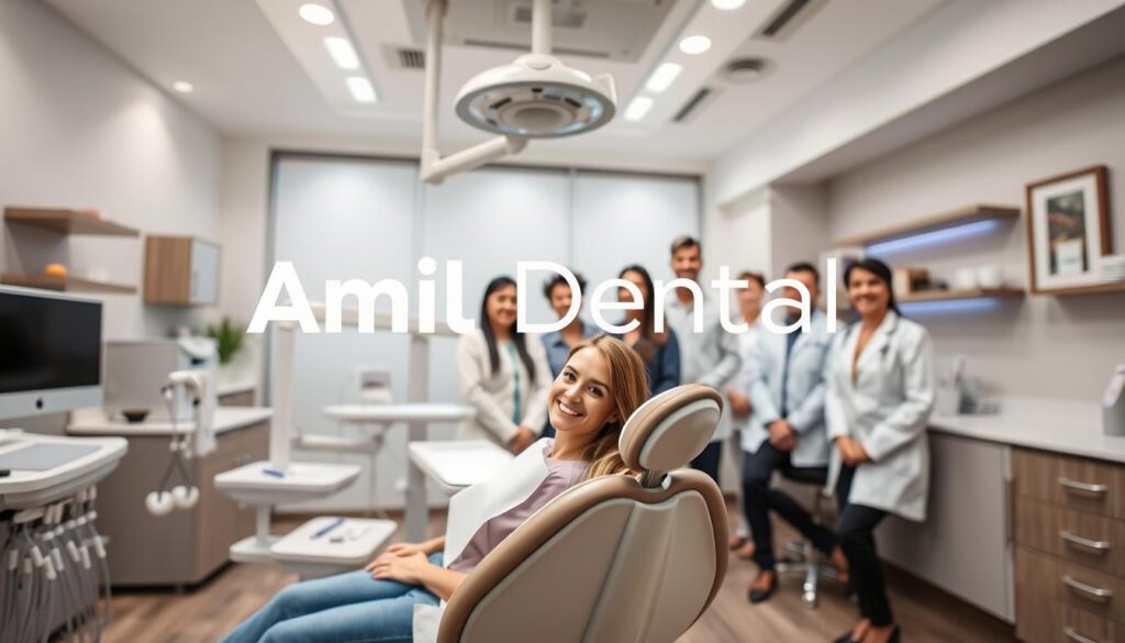 A modern, well-lit dental office with the Amil Dental brand prominently displayed. The foreground features a smiling patient in a dental chair, surrounded by state-of-the-art dental equipment. The middle ground showcases a team of friendly, professional dentists and staff, exuding a warm, welcoming atmosphere. The background depicts a clean, organized layout with soothing colors and decor, creating a calming and comfortable environment. The lighting is soft and directional, highlighting the Amil Dental branding and accentuating the overall sense of trust and care. The image conveys the message that Amil Dental provides a pleasant and accessible dental experience.
