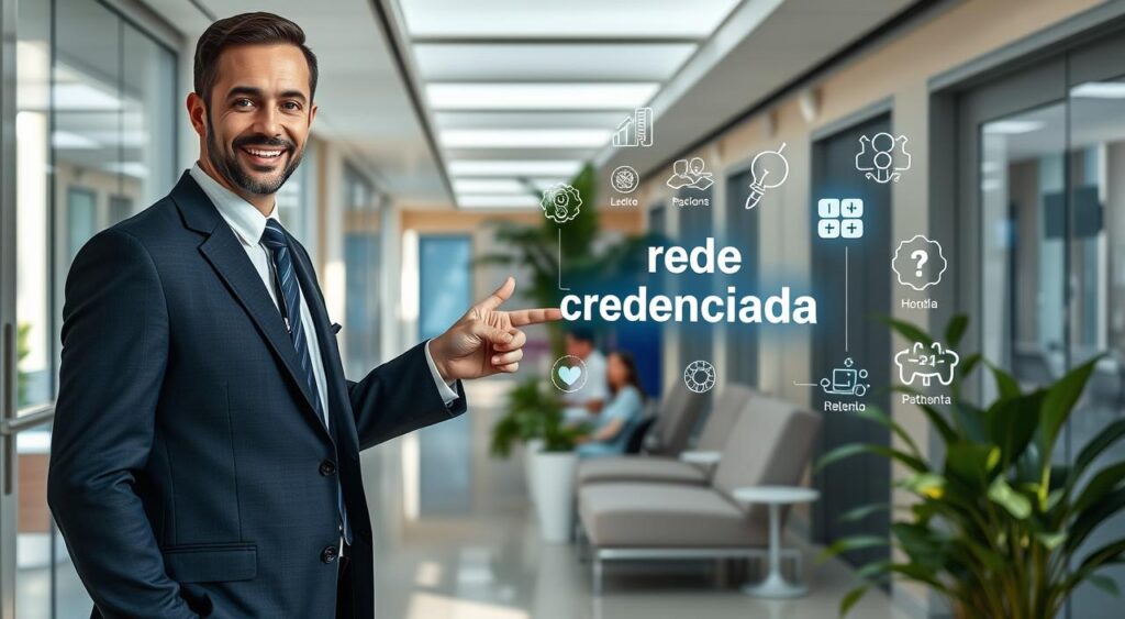 A collection of modern medical facilities in São Paulo, showcasing a bright, welcoming hospital environment. In the foreground, a well-dressed healthcare professional, wearing smart business attire, points towards a digital display showcasing the “rede credenciada”. In the middle ground, a patient-friendly reception area with smiling staff, modern seating, and greenery enhancing the atmosphere of care and professionalism. The background features well-lit hospital corridors with various medical symbols and logos subtly integrated, evoking trust and reliability. The lighting is bright and natural, creating a warm, inviting mood. The image is framed with a slightly angled perspective to emphasize depth and the importance of a supportive healthcare network.
