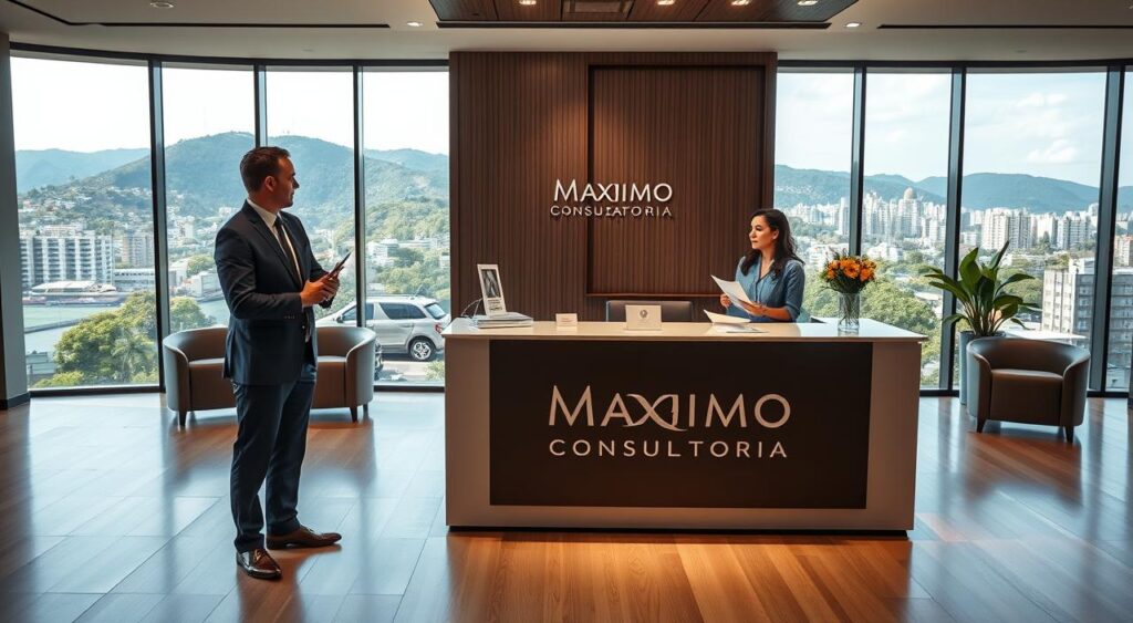A modern and elegant medical consultation scene, showcasing a professional healthcare setting in Rio de Janeiro. In the foreground, a confident physician in business attire discusses a healthcare plan with a patient, both engaged in conversation. The middle ground features a stylish reception desk with clear branding for “Maximo Consultoria,” alongside brochures highlighting the premium services offered. In the background, large windows provide a view of Rio de Janeiro's lush hills and vibrant urban life, bathed in warm, natural light. Use a soft-focus lens to create a welcoming atmosphere that conveys professionalism and trust. The overall mood is one of comfort and reassurance, inviting viewers to feel confident about premium healthcare choices.