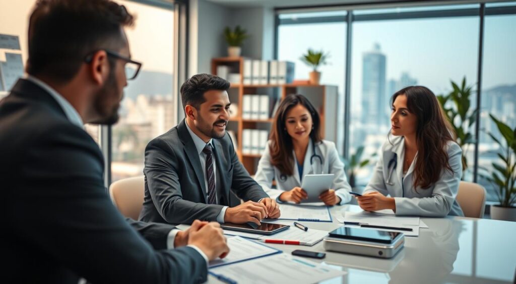 A modern healthcare consultation setting in the foreground, featuring a diverse group of three medical professionals—two men and one woman—dressed in professional business attire, engaged in a discussion around a table filled with medical documents and digital devices. The middle ground reveals a sleek, well-lit office adorned with medical charts and a large window displaying a vibrant cityscape of Curitiba. In the background, there are shelves with medical books and plants, adding a touch of warmth to the atmosphere. Soft, natural lighting streams in, creating an inviting and professional mood, while a shallow depth of field emphasizes the subjects, making them the focal point of the composition. The scene conveys a sense of trust, collaboration, and expertise in healthcare consulting. A modern healthcare consultation setting in the foreground, featuring a diverse group of three medical professionals—two men and one woman—dressed in professional business attire, engaged in a discussion around a table filled with medical documents and digital devices. The middle ground reveals a sleek, well-lit office adorned with medical charts and a large window displaying a vibrant cityscape of Curitiba. In the background, there are shelves with medical books and plants, adding a touch of warmth to the atmosphere. Soft, natural lighting streams in, creating an inviting and professional mood, while a shallow depth of field emphasizes the subjects, making them the focal point of the composition. The scene conveys a sense of trust, collaboration, and expertise in healthcare consulting.