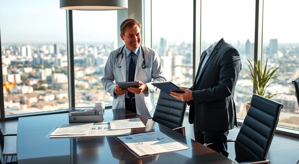 A modern healthcare office setting in Curitiba, showcasing the unique features of the Sulamerica Hospital Plan. In the foreground, a friendly, professional-looking doctor in business attire is discussing a digital tablet with a colleague, both engaged and focused. The middle ground features a sleek conference table with charts and medical documents spread out, highlighting the plan's benefits. In the background, large windows reveal a panoramic view of Curitiba’s skyline, under soft, natural daylight. The atmosphere is collaborative and innovative, reflecting a sense of trust and professionalism. The lighting is bright and inviting, enhancing the colors of the office’s contemporary décor. Aim for a depth of field that focuses on the doctors while softly blurring the skyline for a dynamic effect. A modern healthcare office setting in Curitiba, showcasing the unique features of the Sulamerica Hospital Plan. In the foreground, a friendly, professional-looking doctor in business attire is discussing a digital tablet with a colleague, both engaged and focused. The middle ground features a sleek conference table with charts and medical documents spread out, highlighting the plan's benefits. In the background, large windows reveal a panoramic view of Curitiba’s skyline, under soft, natural daylight. The atmosphere is collaborative and innovative, reflecting a sense of trust and professionalism. The lighting is bright and inviting, enhancing the colors of the office’s contemporary décor. Aim for a depth of field that focuses on the doctors while softly blurring the skyline for a dynamic effect.