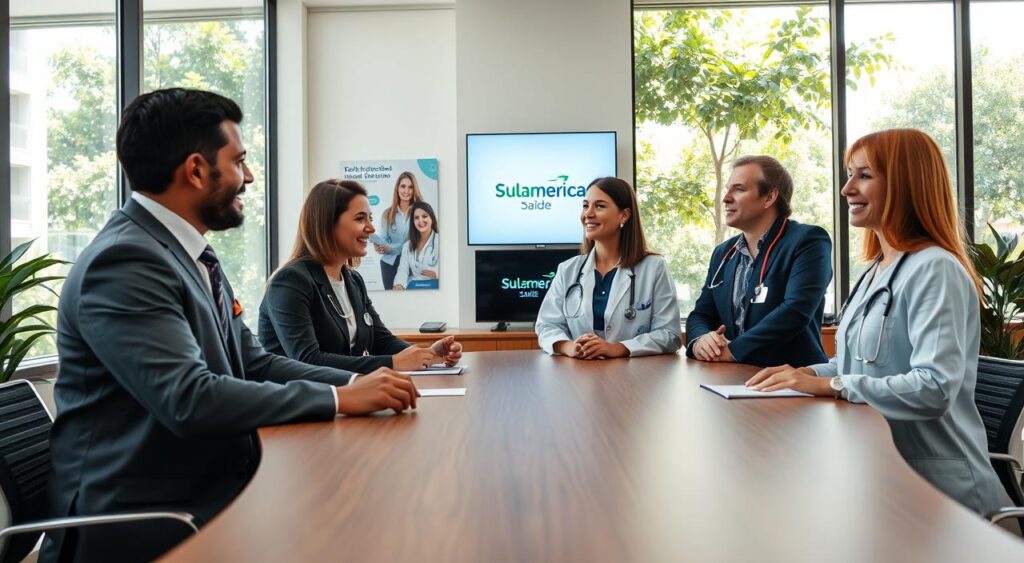 A modern medical office setting in Rio de Janeiro, filled with natural light streaming in through large windows. In the foreground, a diverse group of three healthcare professionals—one male and two female, all dressed in professional business attire—are engaged in a discussion around a sleek wooden table. They appear focused and collaborative, representing the importance of health plans for doctors. In the middle ground, medical posters related to health plans adorn the walls, and a digital display shows the logo of "Sulamérica Saúde." In the background, lush greenery is visible outside the windows, enhancing the atmosphere of well-being and professionalism. The lighting is bright and inviting, creating an environment of optimism and teamwork. The image should have a slight depth of field, focusing on the professionals while softly blurring the background details.