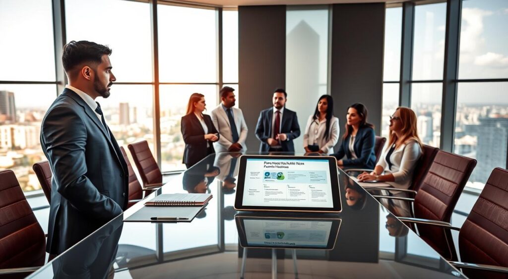 A professional conference room in a modern hospital in Fortaleza, capturing the essence of "Plano Hospitalar Sulamérica." In the foreground, a well-dressed male consultant in a tailored suit engages in discussion with a team of diverse professionals, all dressed in business attire. The middle ground features a sleek, glass table adorned with documents and a digital tablet displaying health plan details, reflecting premium healthcare options. In the background, large windows allow natural light to flood the room, highlighting the cityscape of Fortaleza and creating an inviting atmosphere. The overall mood is professional and collaborative, with warm lighting adding a sense of trust and excellence in service orientation. Focus is on the interaction among the professionals as they discuss health solutions with confidence.