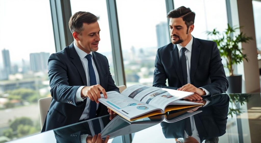 A professional consultant engaging with a client in a modern office setting, focused on "Sulamérica Saúde" premium health plans. In the foreground, a well-dressed consultant, representing a knowledgeable aide, is pointing to a detailed brochure on a sleek glass table, while the client, also in business attire, looks intrigued and engaged. The background features a bright and airy office with large windows, showcasing a view of the Manaus skyline. Soft, natural lighting streams in, creating an inviting atmosphere. The mood conveys trust and expertise, reflecting the idea of specialized consulting in health insurance. Use a slightly elevated angle to give a dynamic view of the interaction, enhancing the sense of professionalism and engagement. A professional consultant engaging with a client in a modern office setting, focused on "Sulamérica Saúde" premium health plans. In the foreground, a well-dressed consultant, representing a knowledgeable aide, is pointing to a detailed brochure on a sleek glass table, while the client, also in business attire, looks intrigued and engaged. The background features a bright and airy office with large windows, showcasing a view of the Manaus skyline. Soft, natural lighting streams in, creating an inviting atmosphere. The mood conveys trust and expertise, reflecting the idea of specialized consulting in health insurance. Use a slightly elevated angle to give a dynamic view of the interaction, enhancing the sense of professionalism and engagement.