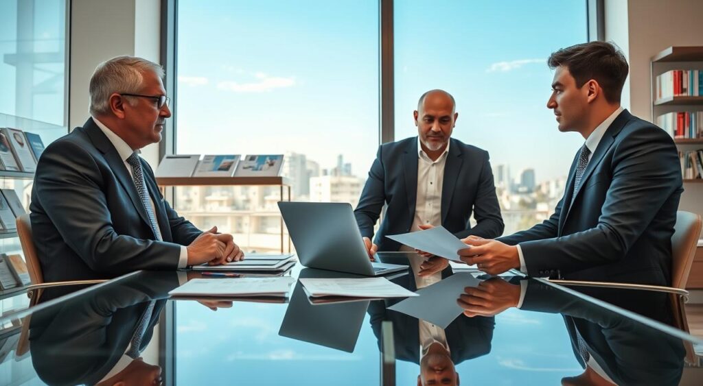 A professional consultation scene in a modern office focused on healthcare insurance. In the foreground, a business consultant, a middle-aged person dressed in a smart suit, is engaged in a discussion with a client, a young entrepreneur in professional attire. They are seated at a sleek glass table with papers and a laptop open, indicating a serious consultation. In the middle ground, there are shelves filled with medical books and healthcare pamphlets. The background features a large window showcasing a bright view of Salvador's skyline under a clear blue sky, illuminating the room with natural light. The atmosphere reflects professionalism and a sense of trust, with soft, warm lighting enhancing the friendly yet serious interaction. The angle captures the consultants from a slightly elevated perspective to emphasize the essence of collaboration in healthcare planning.