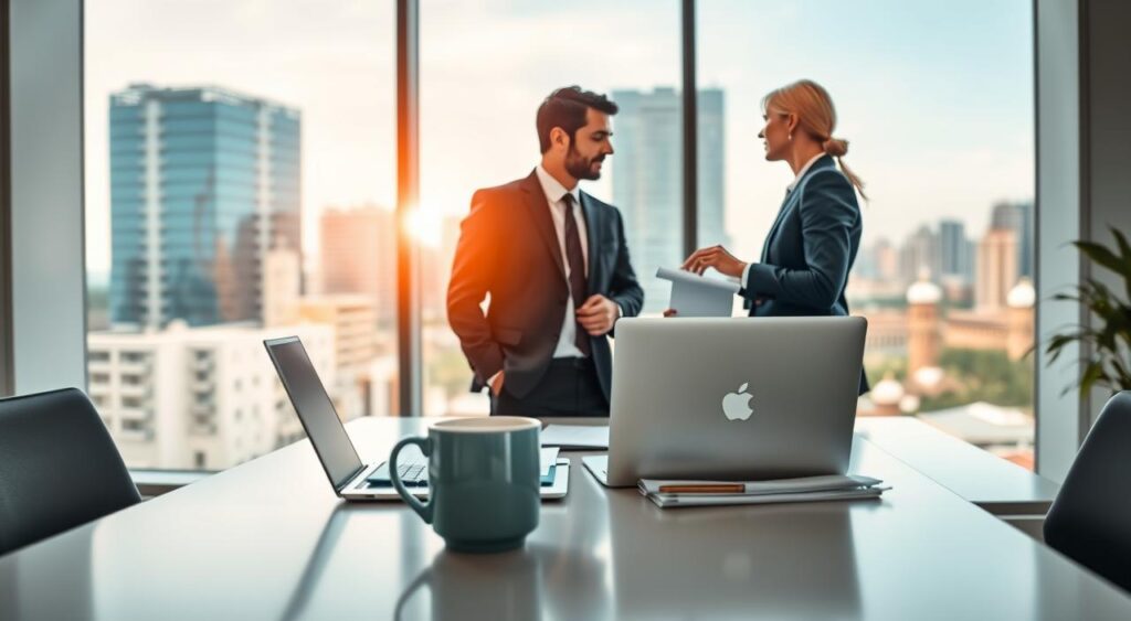 A professional office setting depicting a modern consulting firm named "Maximo Consultoria." In the foreground, a sleek desk with a laptop, documents, and a stylish coffee mug. In the middle, two elegantly dressed consultants engaged in a dynamic discussion, showcasing professionalism and teamwork. One consultant is Latino, wearing a tailored suit, while the other is Caucasian, dressed in business casual attire. The background features a large window with a view of Brasília's skyline, bright and inviting, allowing natural light to flood the room. The atmosphere is professional yet warm, suggesting a high-end consulting environment. The scene is captured with a shallow depth of field to emphasize the subjects, while a soft bokeh effect blurs the background slightly, enhancing focus on the consultants.