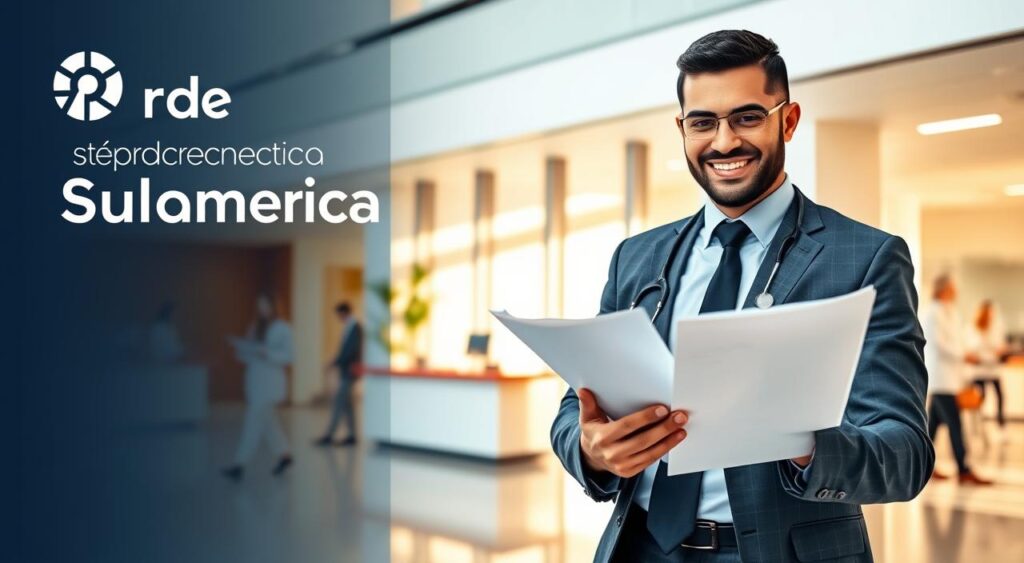 A professional setting showcasing "Rede Credenciada Sulamérica" in Fortaleza, Brazil. In the foreground, a confident healthcare professional in smart business attire is reviewing patient care documents with a bright smile. In the middle ground, a modern and inviting hospital environment is visible with well-lit reception areas, clean waiting rooms, and friendly staff assisting patients. The background features large windows allowing natural light to flood in, casting soft shadows that enhance the welcoming atmosphere. The scene has a warm color palette, conveying a sense of care and professionalism. Use a wide-angle lens to capture the full essence of the scene, emphasizing the interaction between the healthcare professional and the environment. Make the lighting bright and inviting to reflect the premium quality of the health plan.