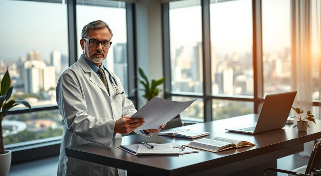 A serene and professional office setting in Belo Horizonte, Brazil, showcasing the concept of specialized health insurance for doctors. In the foreground, a confident doctor in a white coat, wearing glasses, reviews documents related to a health plan. In the middle ground, a sleek desk with a laptop open, medical books, and a plant adds a touch of calmness. The background features large windows with natural light flooding in, highlighting the vibrant cityscape of Belo Horizonte. The scene conveys a sense of security and professionalism, emphasizing the importance of specialized protection for physicians. Soft, warm lighting enhances the welcoming atmosphere, creating a focused yet relaxed mood. The composition uses a slightly elevated angle to capture both the doctor and the sophisticated workspace. A serene and professional office setting in Belo Horizonte, Brazil, showcasing the concept of specialized health insurance for doctors. In the foreground, a confident doctor in a white coat, wearing glasses, reviews documents related to a health plan. In the middle ground, a sleek desk with a laptop open, medical books, and a plant adds a touch of calmness. The background features large windows with natural light flooding in, highlighting the vibrant cityscape of Belo Horizonte. The scene conveys a sense of security and professionalism, emphasizing the importance of specialized protection for physicians. Soft, warm lighting enhances the welcoming atmosphere, creating a focused yet relaxed mood. The composition uses a slightly elevated angle to capture both the doctor and the sophisticated workspace.