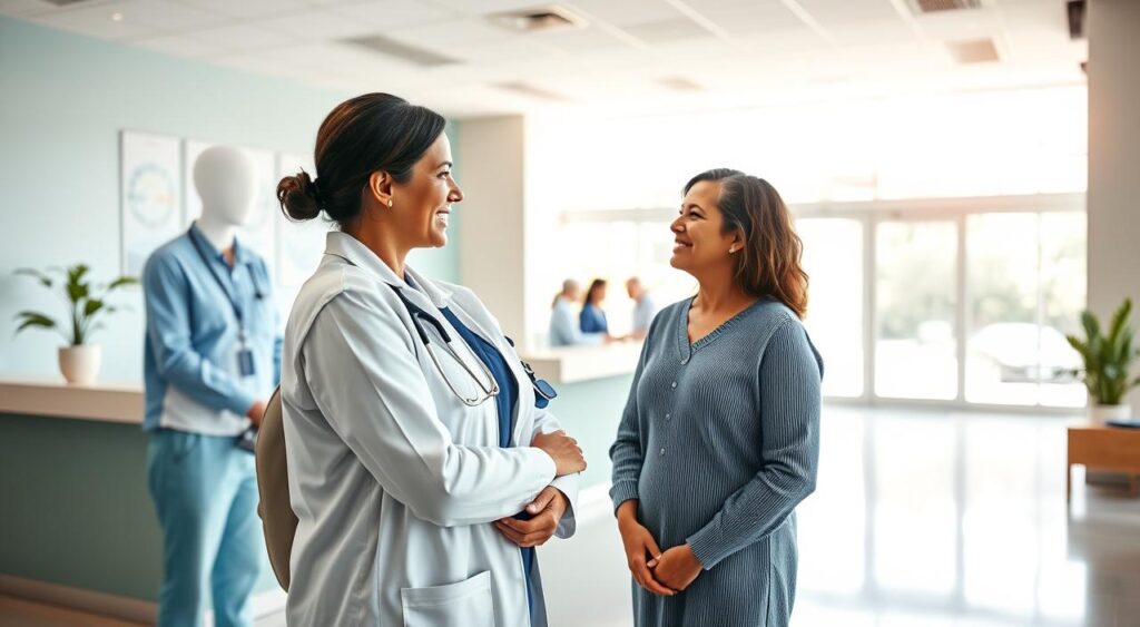 A serene hospital reception area in Brasília, showcasing a professional atmosphere. In the foreground, a compassionate healthcare professional in a white coat converses with a smiling patient, both exuding trust. The middle features a welcoming reception desk adorned with calm colors, where staff members diligently assist visitors. In the background, large windows reveal a bright, sunny day, filling the space with natural light, enhancing the feeling of safety and care. Soft lighting highlights the professionalism of the staff and the welcoming environment. The mood is supportive and reassuring, emphasizing the importance of comprehensive protection for medical professionals. The image should have a lens effect with a gentle depth of field to focus on the interactions in the foreground.