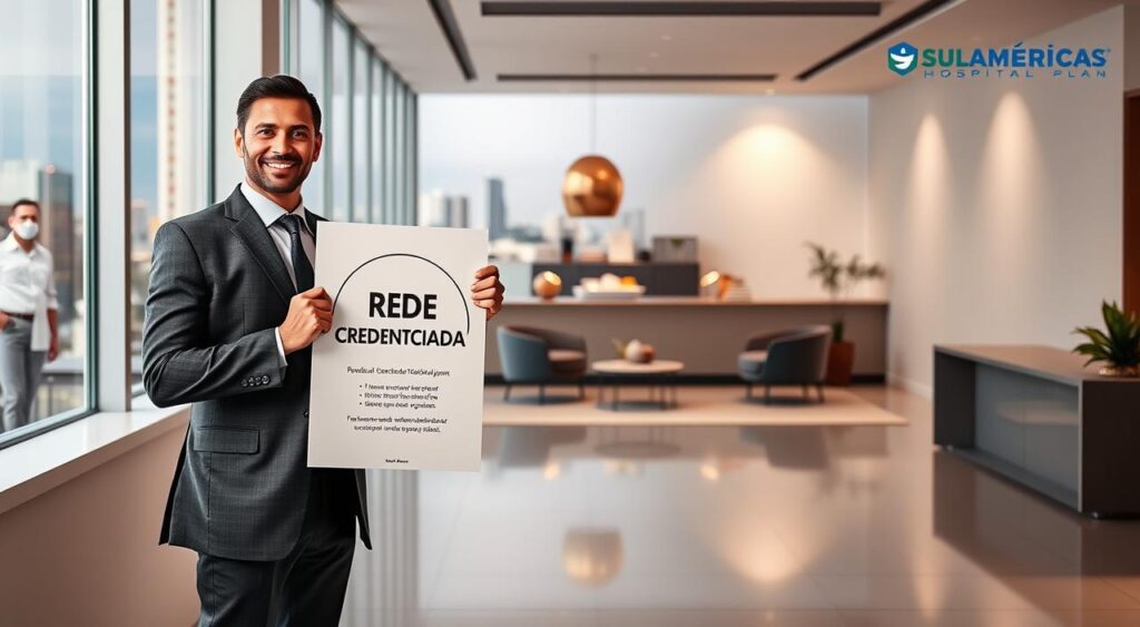 A sophisticated healthcare setting featuring a modern medical office in Salvador, showcasing a confident professional doctor in a smart suit, presenting a "Rede Credenciada" (Credentialed Network) poster. In the foreground, the doctor stands next to a large window with vibrant city views, emanating a sense of trust and reliability. The middle scene includes a sleek reception area with minimalistic furniture and tasteful decor that promotes a calming atmosphere. Soft, warm lighting illuminates the space, creating an inviting ambiance. In the background, architectural elements of Salvador's skyline can be subtly glimpsed, grounding the image in its locale. The overall mood is professional, assuring potential clients of the quality and accessibility of healthcare services available through the Sulamerica Hospital Plan.