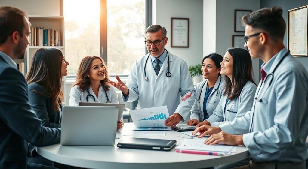 A vibrant and professional medical consulting office, showcasing a meeting between a diverse group of doctors in crisp business attire. The foreground features a round table with detailed medical reports, laptops, and a digital tablet displaying analytics. In the middle, a doctor passionately explaining a strategy, gesturing toward the reports. Soft, natural lighting from a large window imparts a warm ambiance, creating a sense of trust and expertise. The background hints at shelves filled with medical books and framed certifications on the walls, emphasizing professionalism and dedication. The overall mood is one of collaboration and focus, illustrating the importance of specialized consultancy for medical professionals.