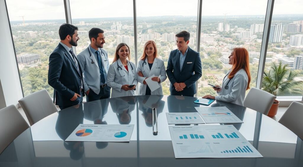A vibrant and professional scene depicting a group of healthcare professionals in a modern office setting, discussing the benefits of the SulAmerica Hospital Plan in Manaus. In the foreground, a diverse group including a doctor, a nurse, and an insurance advisor, all dressed in professional attire, are engaged in a friendly conversation around a sleek conference table. The middle ground features informative charts and graphs related to health insurance, while in the background, large windows reveal a panoramic view of Manaus with lush greenery and urban structures. The lighting is bright and inviting, optimizing the mood of collaboration and trust. The image is captured from a slightly elevated angle, using a wide-angle lens to emphasize the spaciousness of the room and the camaraderie among the professionals, creating an atmosphere of positivity and assurance. A vibrant and professional scene depicting a group of healthcare professionals in a modern office setting, discussing the benefits of the SulAmerica Hospital Plan in Manaus. In the foreground, a diverse group including a doctor, a nurse, and an insurance advisor, all dressed in professional attire, are engaged in a friendly conversation around a sleek conference table. The middle ground features informative charts and graphs related to health insurance, while in the background, large windows reveal a panoramic view of Manaus with lush greenery and urban structures. The lighting is bright and inviting, optimizing the mood of collaboration and trust. The image is captured from a slightly elevated angle, using a wide-angle lens to emphasize the spaciousness of the room and the camaraderie among the professionals, creating an atmosphere of positivity and assurance.