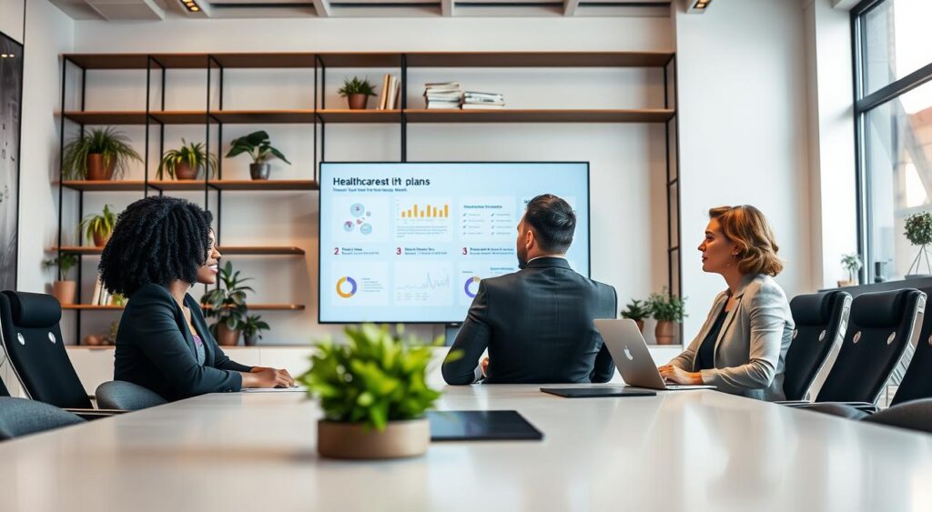 A modern business consulting office interior, exuding professionalism and warmth. In the foreground, a diverse team of business professionals, including a Black woman, a Hispanic man, and a Caucasian woman, engaged in a collaborative discussion around a sleek conference table, dressed in smart business attire. The middle ground features a large presentation screen displaying visually appealing healthcare plans, with charts and graphs that illustrate insurance benefits. In the background, shelves filled with potted plants and business books create an inviting atmosphere, accentuated by soft, ambient lighting that casts a welcoming glow. The scene captures a sense of focus and innovation, highlighting the expert services of Maximo Consultoria for small and medium enterprises, reinforcing the theme of business health and strategic planning. The angle is slightly elevated to capture the dynamic interaction among the team.