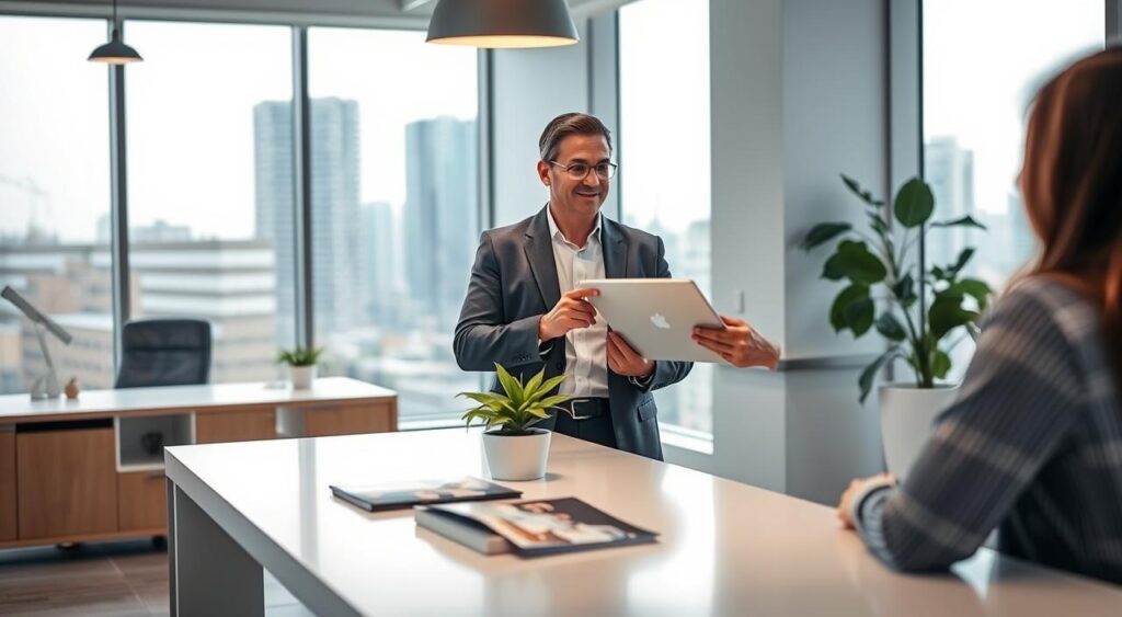 A modern healthcare consultancy office in Ribeirão Preto, focused on specialized health plans. In the foreground, a confident consultant in professional attire is engaged in discussion with a client, showcasing a digital tablet with healthcare information. The middle ground features a sleek, contemporary desk with health-related brochures and a plant, emphasizing a welcoming atmosphere. The background reveals large windows letting in soft, natural light, with city views of Ribeirão Preto’s skyline. The mood is professional yet approachable, suggesting expertise and trust. Use a soft-focus lens to create depth, emphasizing the interaction between the consultant and client, highlighting the theme of specialized healthcare consultancy.