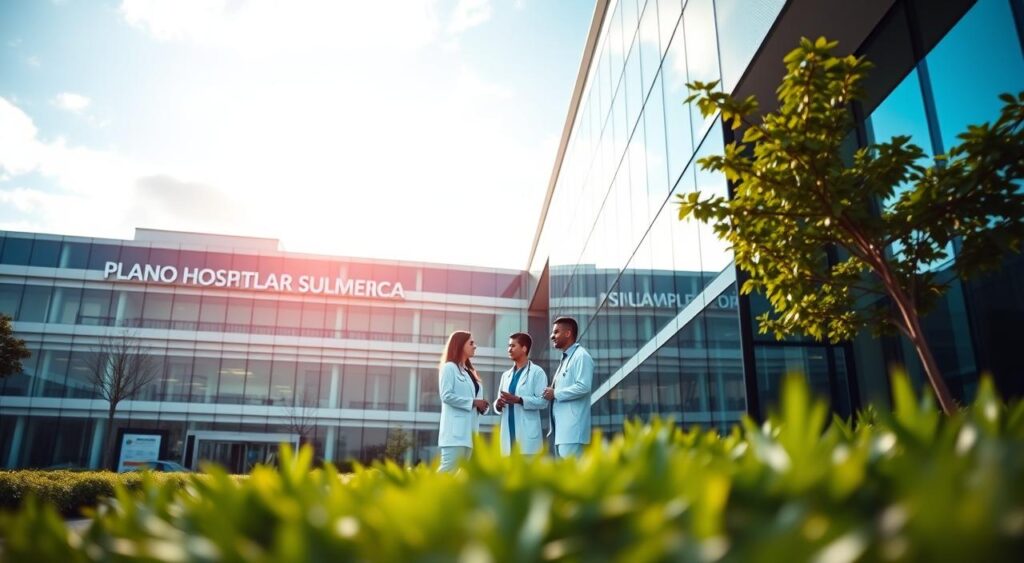 A modern healthcare facility, Plano Hospitalar Sulamerica, located in Duque de Caxias, showcasing its sleek architecture with glass panels and green landscaping in the foreground. In the middle ground, a group of three medical professionals dressed in professional attire, discussing amongst themselves with expressions of collaboration and focus. The background features clear blue skies with soft clouds, illuminating the building with natural sunlight, creating a warm and welcoming atmosphere. The angle should emphasize the building’s entrance while maintaining a depth of field that captures the surrounding environment, suggesting a thriving medical community. Overall, the scene conveys professionalism, innovation, and a commitment to healthcare excellence, reflecting the unique solutions provided by Maximo Consultoria for doctors. A modern healthcare facility, Plano Hospitalar Sulamerica, located in Duque de Caxias, showcasing its sleek architecture with glass panels and green landscaping in the foreground. In the middle ground, a group of three medical professionals dressed in professional attire, discussing amongst themselves with expressions of collaboration and focus. The background features clear blue skies with soft clouds, illuminating the building with natural sunlight, creating a warm and welcoming atmosphere. The angle should emphasize the building’s entrance while maintaining a depth of field that captures the surrounding environment, suggesting a thriving medical community. Overall, the scene conveys professionalism, innovation, and a commitment to healthcare excellence, reflecting the unique solutions provided by Maximo Consultoria for doctors.