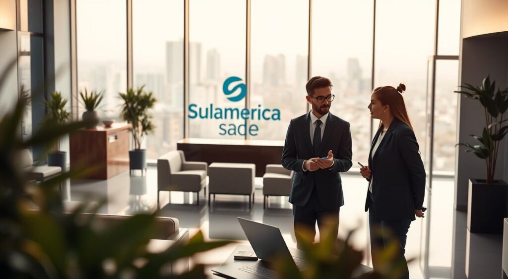 A modern healthcare office scene set in São Bernardo do Campo, showcasing a professional business environment. In the foreground, two medical professionals in smart business attire are engaged in a discussion, with medical charts and a laptop open in front of them. The middle ground features an elegant reception area with contemporary furniture, a logo of "Sulamérica Saúde" prominently displayed. The background reveals large windows with views of the city's skyline, letting in warm, natural light that creates an inviting atmosphere. Use a shallow depth of field to focus on the professionals in discussion, while softly blurring the reception area. The overall mood should convey a sense of professionalism, trust, and innovation in healthcare services. A modern healthcare office scene set in São Bernardo do Campo, showcasing a professional business environment. In the foreground, two medical professionals in smart business attire are engaged in a discussion, with medical charts and a laptop open in front of them. The middle ground features an elegant reception area with contemporary furniture, a logo of "Sulamérica Saúde" prominently displayed. The background reveals large windows with views of the city's skyline, letting in warm, natural light that creates an inviting atmosphere. Use a shallow depth of field to focus on the professionals in discussion, while softly blurring the reception area. The overall mood should convey a sense of professionalism, trust, and innovation in healthcare services.