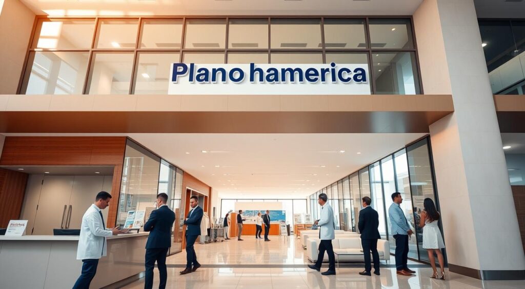 A modern hospital building prominently featuring the "Plano Hospitalar Sulamerica" logo at the entrance, located in Duque de Caxias. The foreground showcases a welcoming reception area, with healthcare professionals dressed in professional business attire engaging with patients. In the middle, neatly arranged waiting areas can be seen, filled with comfortable seating and medical pamphlets. The background includes large glass windows letting in natural sunlight, highlighting the hospital's clean and modern architecture. Soft, warm lighting creates an inviting atmosphere, while the camera angle captures the scene from a low perspective, emphasizing the hospital's accessibility. The overall mood is one of professionalism and care, reflecting the benefits of the healthcare plan for doctors. A modern hospital building prominently featuring the "Plano Hospitalar Sulamerica" logo at the entrance, located in Duque de Caxias. The foreground showcases a welcoming reception area, with healthcare professionals dressed in professional business attire engaging with patients. In the middle, neatly arranged waiting areas can be seen, filled with comfortable seating and medical pamphlets. The background includes large glass windows letting in natural sunlight, highlighting the hospital's clean and modern architecture. Soft, warm lighting creates an inviting atmosphere, while the camera angle captures the scene from a low perspective, emphasizing the hospital's accessibility. The overall mood is one of professionalism and care, reflecting the benefits of the healthcare plan for doctors.