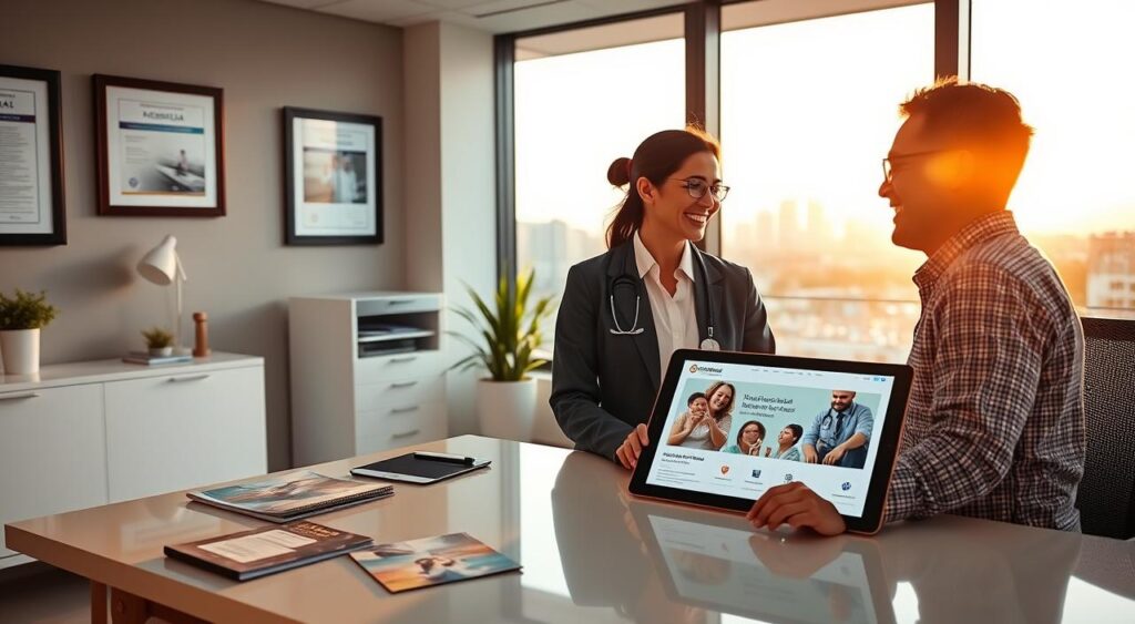 A modern, inviting medical office scene in São Gonçalo, showcasing the essence of "Sulamérica Saúde." In the foreground, a friendly healthcare professional in business attire is consulting with a patient, both exchanging smiles in a well-lit, spacious office. In the middle, a desk adorned with healthcare brochures and a desktop displaying a digital tablet emphasizing hospital services. The background features a large window with a view of the city skyline, bathed in warm afternoon light, creating a welcoming atmosphere. The walls are decorated with framed certificates and soothing artwork that reflect a commitment to health and wellness. The overall mood is professional yet approachable, emphasizing trust and care in healthcare services. A modern, inviting medical office scene in São Gonçalo, showcasing the essence of "Sulamérica Saúde." In the foreground, a friendly healthcare professional in business attire is consulting with a patient, both exchanging smiles in a well-lit, spacious office. In the middle, a desk adorned with healthcare brochures and a desktop displaying a digital tablet emphasizing hospital services. The background features a large window with a view of the city skyline, bathed in warm afternoon light, creating a welcoming atmosphere. The walls are decorated with framed certificates and soothing artwork that reflect a commitment to health and wellness. The overall mood is professional yet approachable, emphasizing trust and care in healthcare services.