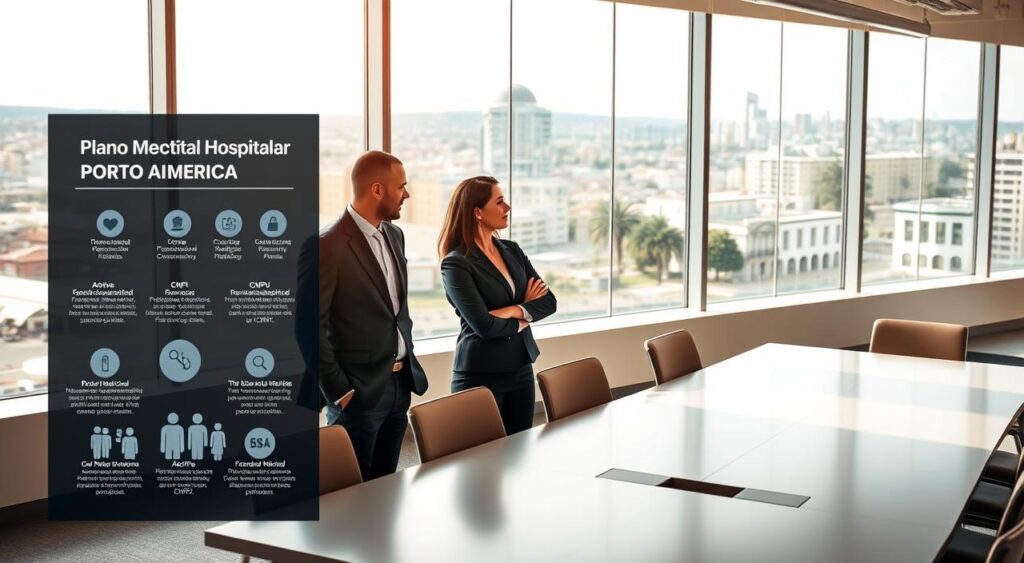 A modern office setting featuring a professional discussion about the "Plano Hospitalar Sulamerica" in Porto Alegre. In the foreground, two healthcare professionals, one male and one female, are engaged in conversation, both dressed in smart business attire. The background includes a sleek conference table and vibrant cityscape views through large windows, showcasing the essence of Porto Alegre. Soft natural lighting pours in, highlighting the focus on the professionals while creating a warm, inviting atmosphere. To the left, an infographic of the Sulamerica plan illustrates key features such as active medical professionals represented by CNPJ. This captures the informative essence of the discussion while emphasizing professionalism and collaboration in healthcare. A modern office setting featuring a professional discussion about the "Plano Hospitalar Sulamerica" in Porto Alegre. In the foreground, two healthcare professionals, one male and one female, are engaged in conversation, both dressed in smart business attire. The background includes a sleek conference table and vibrant cityscape views through large windows, showcasing the essence of Porto Alegre. Soft natural lighting pours in, highlighting the focus on the professionals while creating a warm, inviting atmosphere. To the left, an infographic of the Sulamerica plan illustrates key features such as active medical professionals represented by CNPJ. This captures the informative essence of the discussion while emphasizing professionalism and collaboration in healthcare.