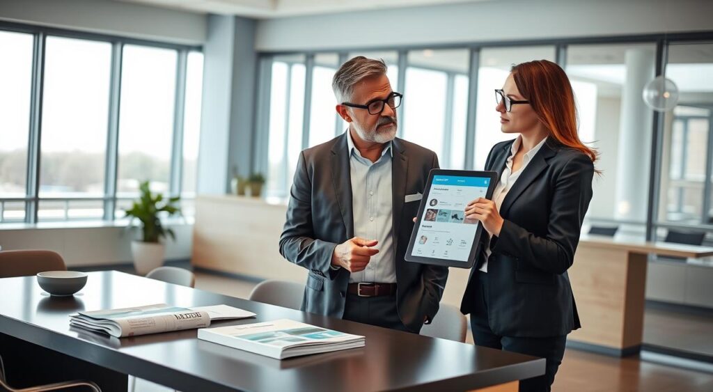 A modern office setting showcasing a consultation about premium health plans. In the foreground, a professional advisor in business attire interacts with a middle-aged doctor who appears engaged and thoughtful. The advisor, a young woman with glasses, points to a digital tablet displaying health plan options, emphasizing a sense of collaboration and expertise. The middle ground features a sleek contemporary desk with brochures about Sulamérica health plans neatly organized. In the background, large windows allow natural light to flood the room, creating a warm and inviting atmosphere. Soft, neutral colors dominate the scene, conveying professionalism and trust. The composition suggests a moment of crucial decision-making, highlighting the importance of specialized consulting in healthcare. A modern office setting showcasing a consultation about premium health plans. In the foreground, a professional advisor in business attire interacts with a middle-aged doctor who appears engaged and thoughtful. The advisor, a young woman with glasses, points to a digital tablet displaying health plan options, emphasizing a sense of collaboration and expertise. The middle ground features a sleek contemporary desk with brochures about Sulamérica health plans neatly organized. In the background, large windows allow natural light to flood the room, creating a warm and inviting atmosphere. Soft, neutral colors dominate the scene, conveying professionalism and trust. The composition suggests a moment of crucial decision-making, highlighting the importance of specialized consulting in healthcare.