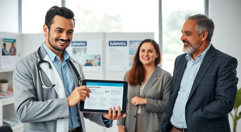 A professional and informative scene depicting a healthcare consultation for the "Sulamérica Hospital Plan" in Joinville. In the foreground, a confident, professional doctor in a smart business suit reviews a digital tablet showing the plan details, while a satisfied patient, dressed in casual but modest clothing, engages in discussion. In the middle ground, a welcoming and modern office environment with medical charts and brochures about the Sulamérica plan neatly displayed. The background features a bright window allowing natural light to fill the room, enhancing the atmosphere of comfort and trust. The overall mood should be positive, showcasing a sense of professionalism and reassurance regarding healthcare choices. Use a standard lens for a realistic perspective, capturing details clearly without distractions. A professional and informative scene depicting a healthcare consultation for the "Sulamérica Hospital Plan" in Joinville. In the foreground, a confident, professional doctor in a smart business suit reviews a digital tablet showing the plan details, while a satisfied patient, dressed in casual but modest clothing, engages in discussion. In the middle ground, a welcoming and modern office environment with medical charts and brochures about the Sulamérica plan neatly displayed. The background features a bright window allowing natural light to fill the room, enhancing the atmosphere of comfort and trust. The overall mood should be positive, showcasing a sense of professionalism and reassurance regarding healthcare choices. Use a standard lens for a realistic perspective, capturing details clearly without distractions.