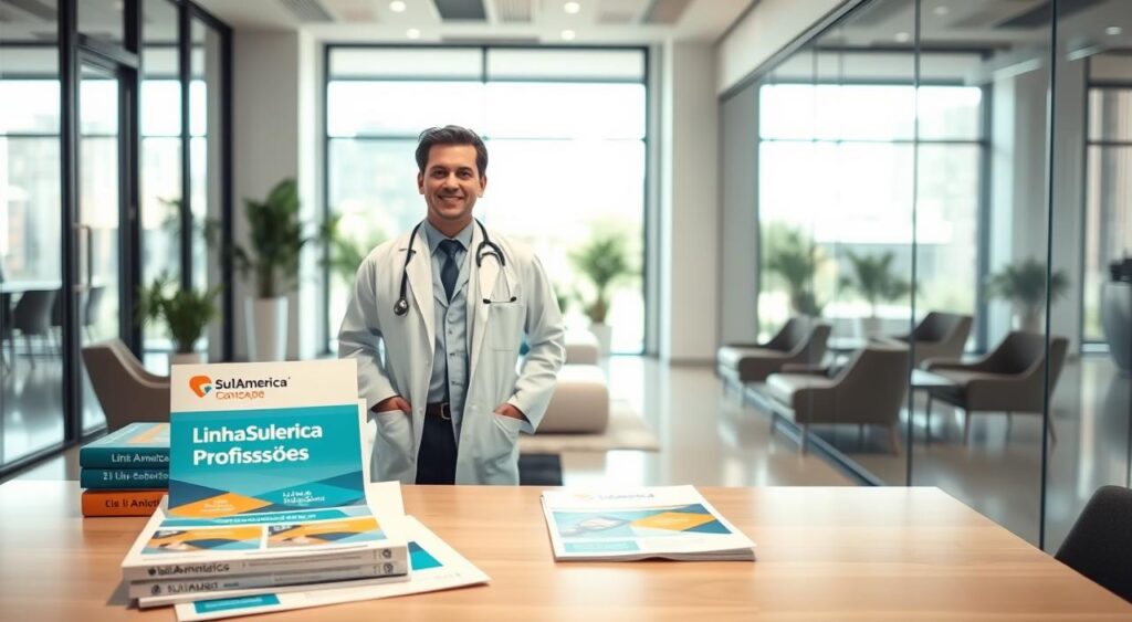 A professional and modern office setting featuring a confident doctor in a lab coat, engaged in a discussion about health insurance plans, specifically SulAmérica Saúde. The doctor is surrounded by a warm, inviting atmosphere with natural light streaming in through large windows, highlighting a sleek, contemporary design. In the foreground, a desk with medical textbooks and health brochures about "Linha SulAmérica Profissões" is visible, while the middle ground showcases a stylish waiting area filled with comfortable seating. In the background, a glass wall displays the SulAmérica logo subtly. The scene exudes professionalism, trust, and care, conveying a sense of security and support for clients in Jaboatão dos Guararapes. The image focuses on clarity with a soft depth-of-field effect to emphasize the professionalism and dedication to health care services.