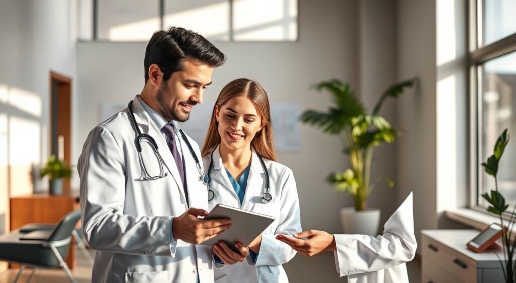 A professional and serene healthcare setting featuring a modern medical office in Goiânia, with an emphasis on the exclusive SulAmérica Profissões plan for doctors. In the foreground, a well-dressed male and female doctor discussing over a tablet, showcasing friendly collaboration. The middle ground includes sleek furniture and medical charts on the walls, symbolizing a sophisticated environment. In the background, large windows let in natural light, illuminating the space with a warm and inviting atmosphere. Soft shadows enhance the professionalism of the scene, while the overall mood conveys trust and competence in healthcare services tailored for active practitioners with CNPJ. No text or logos are visible, ensuring focus on the atmosphere and subject matter.