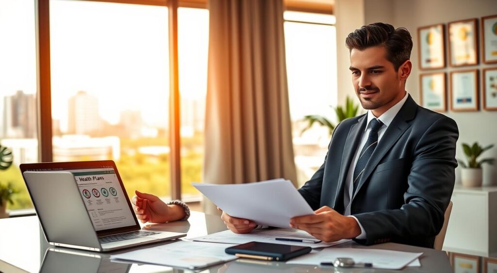 A professional, confident-looking doctor in a modern office setting, wearing a tailored suit, reviewing documents with a focused expression. In the foreground, a sleek desk with a laptop displaying health plans, tablets, and medical charts. The middle ground features a large window letting in warm, natural light, with a view of Belém's skyline showing modern buildings and greenery. In the background, a gentle blur of potted plants and framed certificates on the wall, enhancing the professional atmosphere. The mood is one of empowerment and exclusivity, suggesting tailored healthcare solutions for medical professionals. Use soft, diffused lighting to create a welcoming yet sophisticated ambiance, and a slightly elevated angle to emphasize the doctor’s engagement with their work. A professional, confident-looking doctor in a modern office setting, wearing a tailored suit, reviewing documents with a focused expression. In the foreground, a sleek desk with a laptop displaying health plans, tablets, and medical charts. The middle ground features a large window letting in warm, natural light, with a view of Belém's skyline showing modern buildings and greenery. In the background, a gentle blur of potted plants and framed certificates on the wall, enhancing the professional atmosphere. The mood is one of empowerment and exclusivity, suggesting tailored healthcare solutions for medical professionals. Use soft, diffused lighting to create a welcoming yet sophisticated ambiance, and a slightly elevated angle to emphasize the doctor’s engagement with their work.