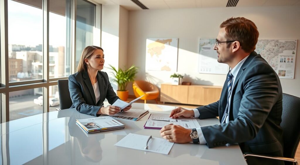 A professional consultant in business attire is seated at a sleek modern desk with health insurance brochures and financial documents spread out. She is engaged in a thoughtful discussion with a medical professional, who is in a suit, showcasing a partnership. The room is well-lit with natural light streaming through large windows, highlighting a clean and organized office environment. In the background, there are subtle elements representing Sorocaba, such as city maps and local landmarks on the walls. The atmosphere is one of collaboration and professionalism, with a warm color palette creating a sense of trust and expertise, ideal for the healthcare consulting space. A professional consultant in business attire is seated at a sleek modern desk with health insurance brochures and financial documents spread out. She is engaged in a thoughtful discussion with a medical professional, who is in a suit, showcasing a partnership. The room is well-lit with natural light streaming through large windows, highlighting a clean and organized office environment. In the background, there are subtle elements representing Sorocaba, such as city maps and local landmarks on the walls. The atmosphere is one of collaboration and professionalism, with a warm color palette creating a sense of trust and expertise, ideal for the healthcare consulting space.