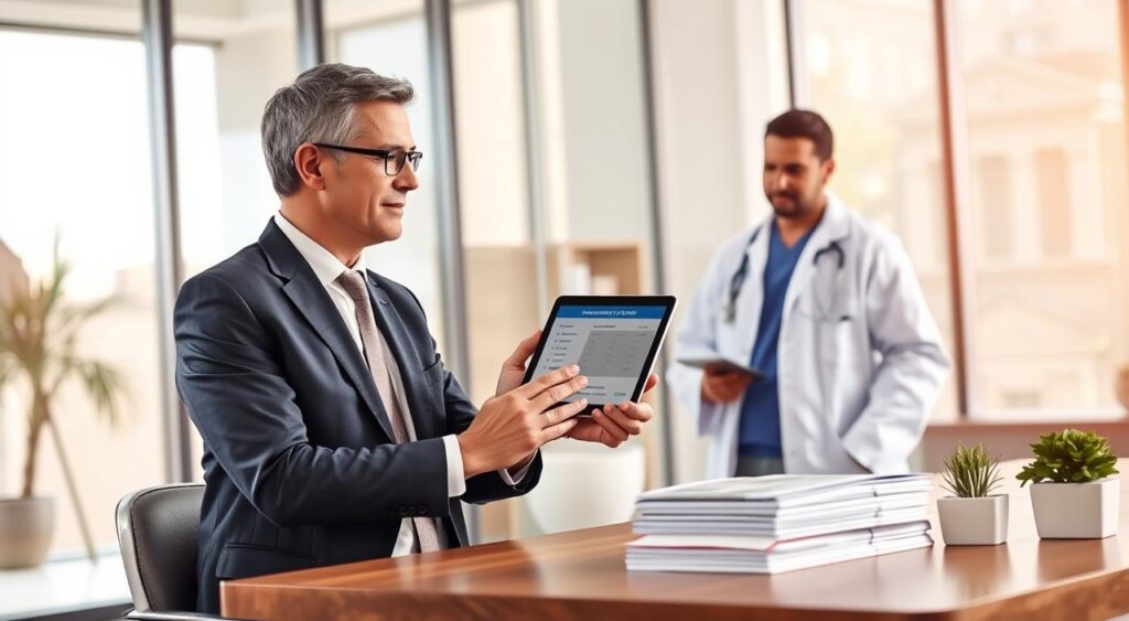 A professional consultant's office setting featuring a middle-aged male consultant in a smart business suit, engaged in a discussion with a doctor in a white coat. The consultant is gesturing towards a digital tablet showing health plan options. The background shows a sleek, modern office with large windows allowing soft natural light to filter in, creating an inviting atmosphere. In the foreground, a wooden desk is elegantly arranged with a small plant and a stack of health-related brochures. The mood is focused and collaborative, reflecting expertise and trustworthiness. The scene captures the essence of specialized healthcare consulting tailored for professionals.