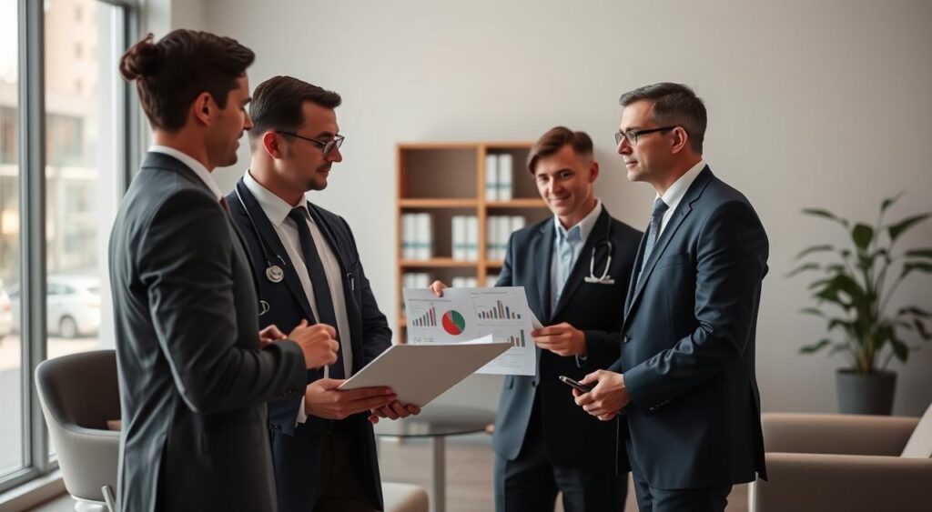 A professional consulting scenario featuring a group of physicians discussing healthcare plans, emphasizing the "Sulamérica Saúde" hospital plan for doctors. In the foreground, two doctors in smart business attire are engaged in a focused conversation, surrounded by health charts and a laptop displaying graphs. In the middle, a contemporary office setting with modern furniture and a large window allowing soft, natural light to illuminate the space. The background includes a bookshelf with medical literature and a plant for a touch of greenery. The composition exudes a mood of professionalism and collaboration, capturing the essence of the consulting expertise from Maximo Consultoria. Aim for a clean and polished look with a slight depth of field effect. A professional consulting scenario featuring a group of physicians discussing healthcare plans, emphasizing the "Sulamérica Saúde" hospital plan for doctors. In the foreground, two doctors in smart business attire are engaged in a focused conversation, surrounded by health charts and a laptop displaying graphs. In the middle, a contemporary office setting with modern furniture and a large window allowing soft, natural light to illuminate the space. The background includes a bookshelf with medical literature and a plant for a touch of greenery. The composition exudes a mood of professionalism and collaboration, capturing the essence of the consulting expertise from Maximo Consultoria. Aim for a clean and polished look with a slight depth of field effect.