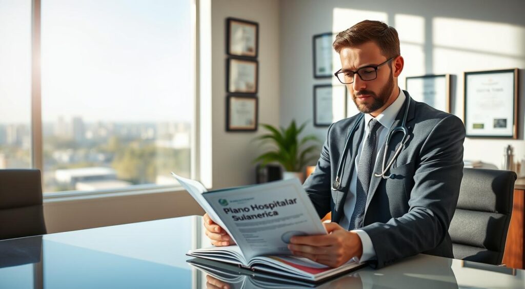 A professional doctor in a pristine, modern office setting, wearing business attire, examines a sleek brochure titled "Plano Hospitalar Sulamérica" on an elegant desk. The office features a large window revealing a bright, sunny day outside, with a view of an urban landscape in Uberlândia. In the background, framed medical degrees and certificates decorate the walls, conveying a sense of trust and professionalism. Soft, natural light streams through the window, creating a warm and inviting atmosphere. The focus is on the doctor’s thoughtful expression, reflecting engagement and curiosity about the exclusive solutions for medical professionals. The overall mood is hopeful and optimistic, emphasizing the benefits of the health plan tailored for active registered physicians with a CNPJ. A professional doctor in a pristine, modern office setting, wearing business attire, examines a sleek brochure titled "Plano Hospitalar Sulamérica" on an elegant desk. The office features a large window revealing a bright, sunny day outside, with a view of an urban landscape in Uberlândia. In the background, framed medical degrees and certificates decorate the walls, conveying a sense of trust and professionalism. Soft, natural light streams through the window, creating a warm and inviting atmosphere. The focus is on the doctor’s thoughtful expression, reflecting engagement and curiosity about the exclusive solutions for medical professionals. The overall mood is hopeful and optimistic, emphasizing the benefits of the health plan tailored for active registered physicians with a CNPJ.