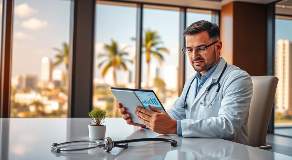 A professional doctor in a sleek, modern office environment, sitting behind a contemporary desk, examining a digital tablet displaying healthcare-related graphs and charts. The doctor is dressed in professional attire, with an air of confidence and focus. In the background, large windows showcase a bright, sunny day in São Luís, with a view of the city skyline and palm trees. Warm lighting creates an inviting atmosphere. The foreground features a stylish stethoscope and a small potted plant on the desk, symbolizing health and vitality. The overall mood is one of professionalism, innovation, and dedication to health solutions exclusive to physicians. A professional doctor in a sleek, modern office environment, sitting behind a contemporary desk, examining a digital tablet displaying healthcare-related graphs and charts. The doctor is dressed in professional attire, with an air of confidence and focus. In the background, large windows showcase a bright, sunny day in São Luís, with a view of the city skyline and palm trees. Warm lighting creates an inviting atmosphere. The foreground features a stylish stethoscope and a small potted plant on the desk, symbolizing health and vitality. The overall mood is one of professionalism, innovation, and dedication to health solutions exclusive to physicians.