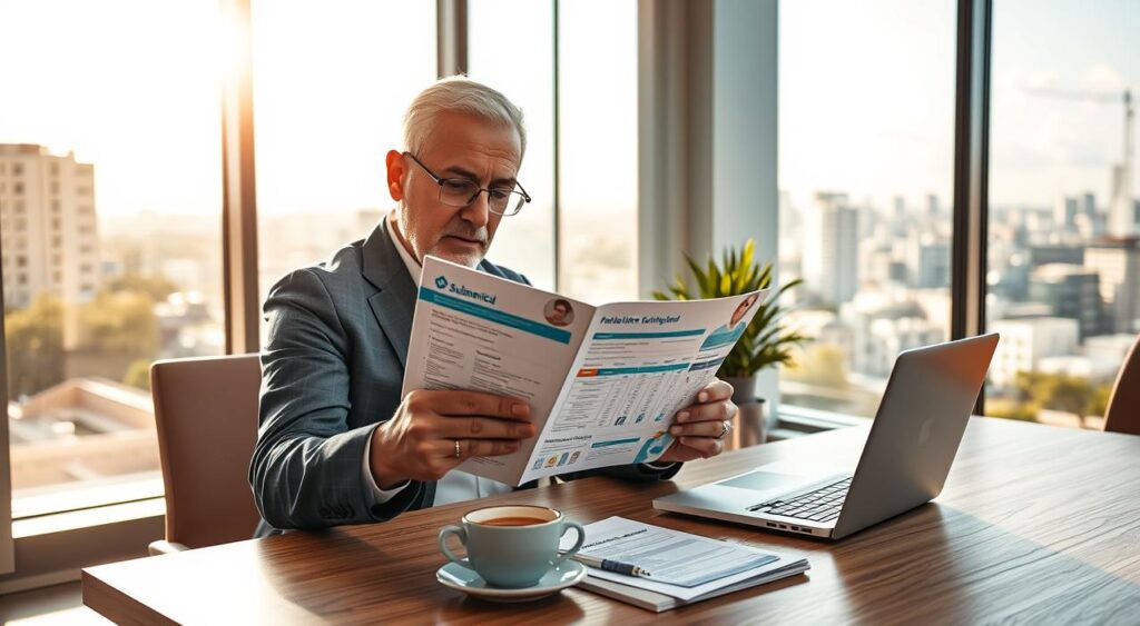 A professional healthcare consultant examining a healthcare plan brochure in a modern office space, showcasing the "rede credenciada Sulamérica Saúde". The foreground features the consultant, a middle-aged individual in business attire, attentively reviewing the detailed brochure. In the middle ground, the desk is neatly arranged with a laptop, a cup of coffee, and medical-related documents, creating an atmosphere of professionalism and serious considerations. The background displays a large window with a view of Goiânia's cityscape, bathed in warm sunlight that casts a golden hue across the room. The mood should convey trust and reliability, emphasizing the importance of choosing the right healthcare plan. The image captures a moment of reflection, highlighting the value of the Sulamérica Hospital Plan in the healthcare sector.