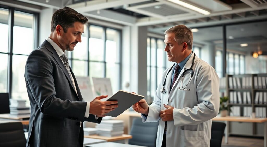 A professional healthcare consultant in a modern office environment, engaged in a discussion with a doctor. The consultant, dressed in smart business attire, is reviewing a health management plan on a tablet. The doctor, in a white coat, appears attentive and engaged. The scene is set in a well-lit, contemporary office with an organized desk, medical charts in the background, and large windows allowing natural light to flood the space. The atmosphere is collaborative and focused, emphasizing trust and decision-making in healthcare management. Use a slightly elevated angle to capture both subjects clearly, highlighting the digital tools involved in health administration. The overall mood should convey professionalism, competence, and a commitment to effective health management. A professional healthcare consultant in a modern office environment, engaged in a discussion with a doctor. The consultant, dressed in smart business attire, is reviewing a health management plan on a tablet. The doctor, in a white coat, appears attentive and engaged. The scene is set in a well-lit, contemporary office with an organized desk, medical charts in the background, and large windows allowing natural light to flood the space. The atmosphere is collaborative and focused, emphasizing trust and decision-making in healthcare management. Use a slightly elevated angle to capture both subjects clearly, highlighting the digital tools involved in health administration. The overall mood should convey professionalism, competence, and a commitment to effective health management.